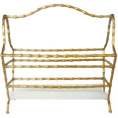 Vintage Hollywood-Regency Style, Faux-Bamboo Magazine Stand, Bronze and Enameled Metal