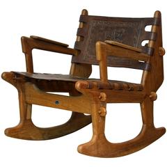 Mid-Century Modern Ecuadorian Wood and Leather Rocking Chair by Angel Pazmino
