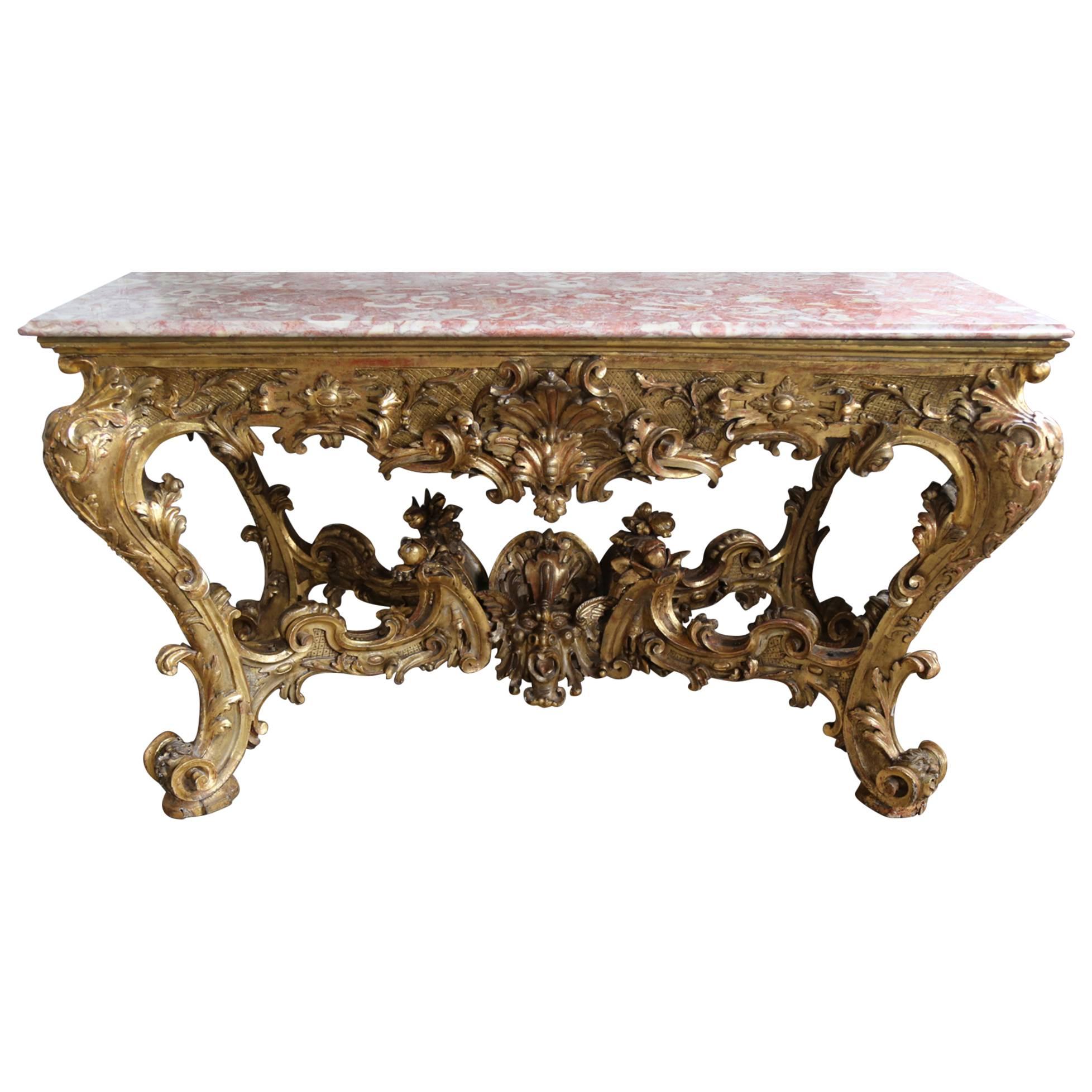 Monumental Italian Carved and Gilded Wood Console Table For Sale