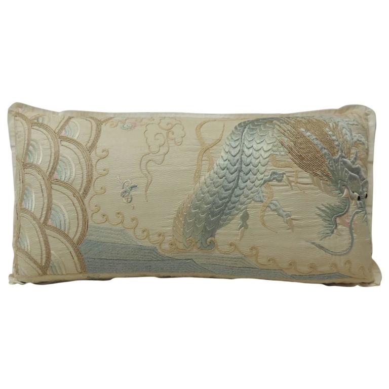 Japanese Intricate Asian Embroidery Silk Dragon Deco Bolster Pillow at