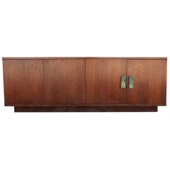 Low Frank Kyle Walnut Modern Cabinet with Teal Hardware Made by Pepe Mendoza