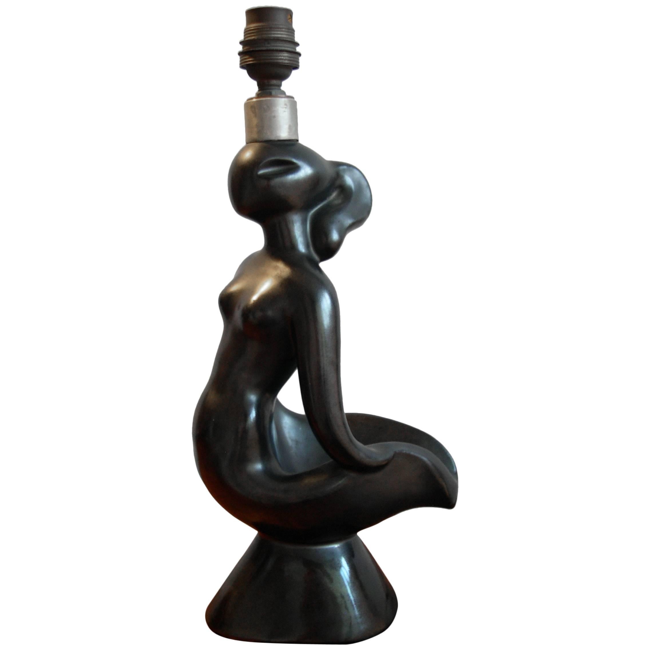 French Mid-Century Modern Ceramic "Sirene" Lampbase Black Glaze, Blin Style For Sale