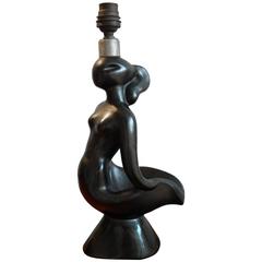 Vintage French Mid-Century Modern Ceramic "Sirene" Lampbase Black Glaze, Blin Style