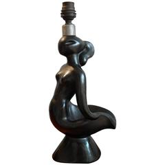 French Mid-Century Modern Ceramic "Sirene" Lampbase Black Glaze, Blin Style 12