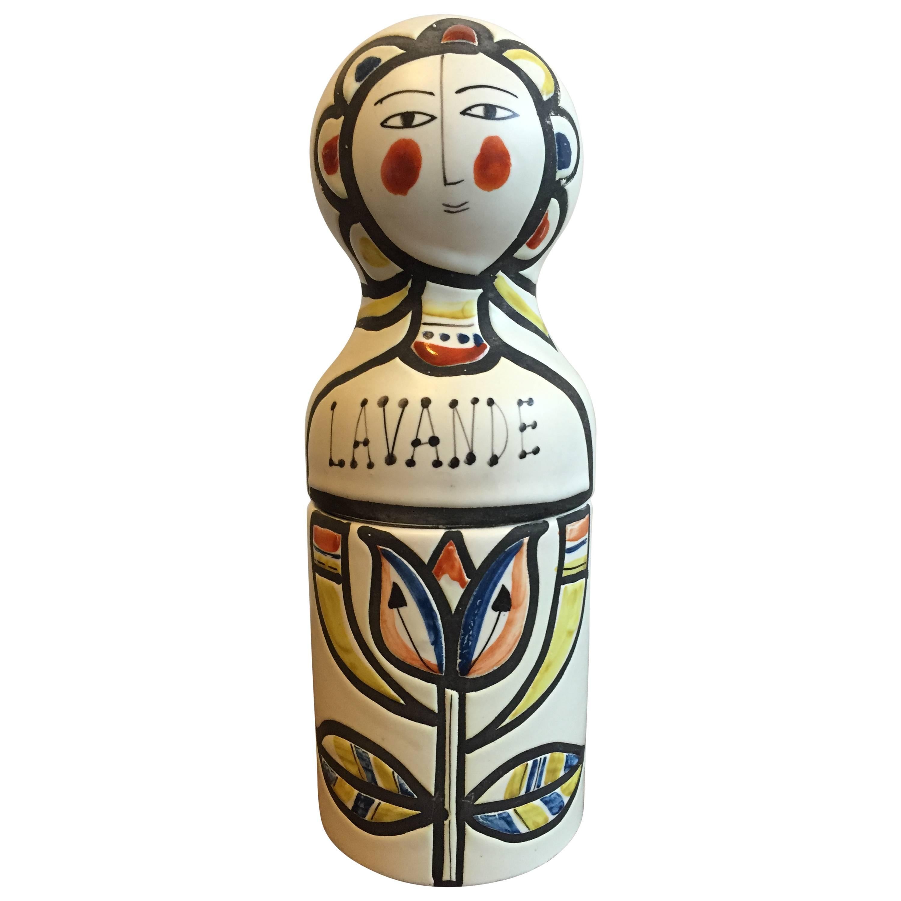 Roger Capron Vallauris French Ceramic "Poupee Rousse" Lavender Bottle circa 1956 For Sale