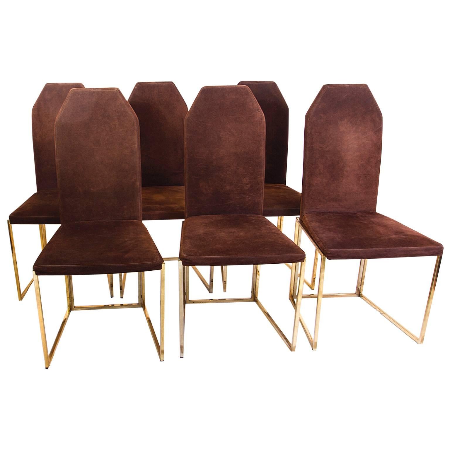 Six Golden Lacquered Steel and Suede Chairs by Belgo Chrome