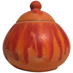Unique Covered Dish, Box with Lid, Orange Red Glazed Art Pottery, 1960s 8