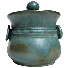 Unique Covered Dish Clay/ Tone Box with Lid, Blue Green Anthracite Glaze, 1950s