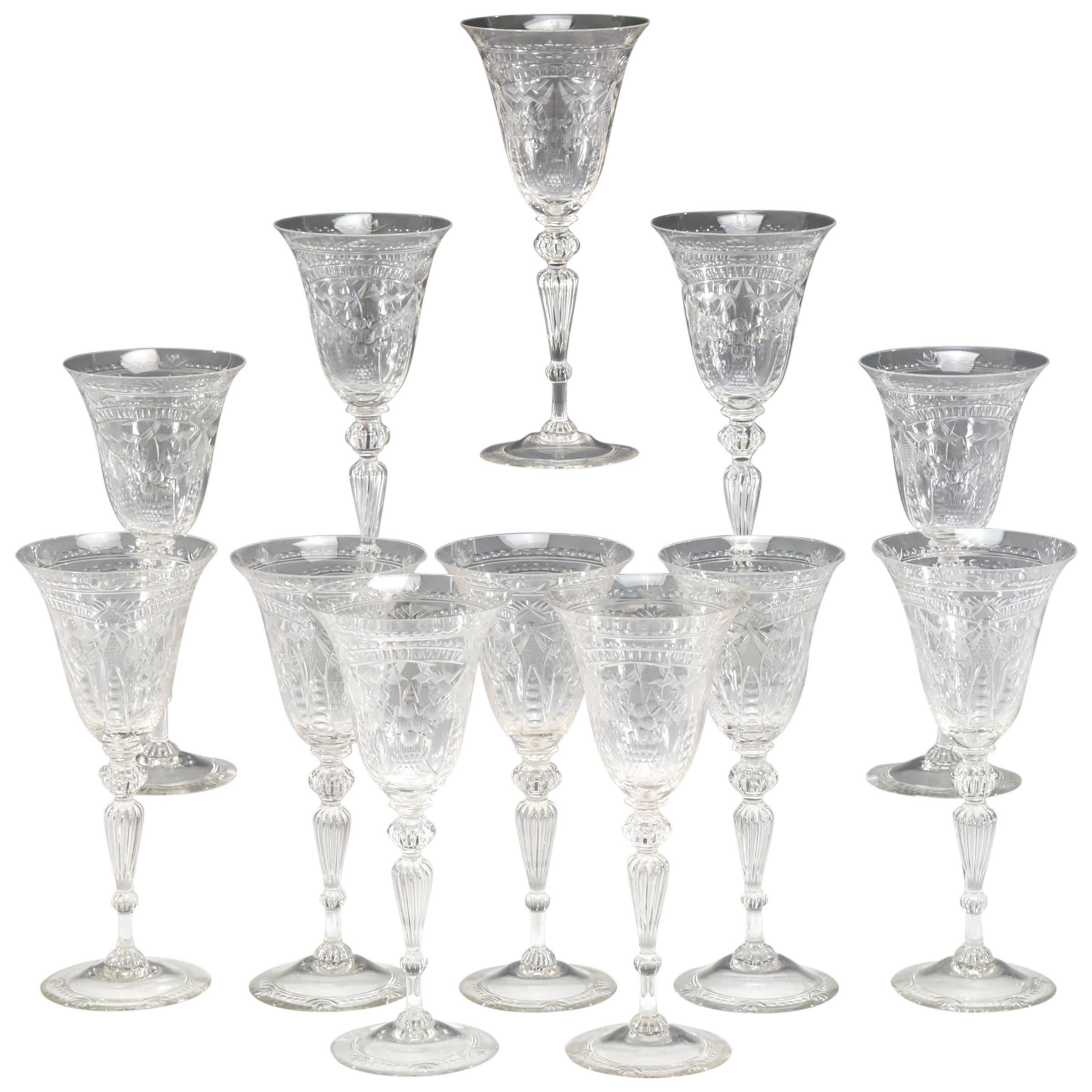 Set of 12 Steuben Handblown Wheel Cut Crystal Water Goblets