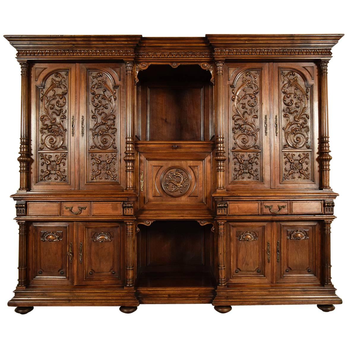 Grand 19th Century French Renaissance Heavily Carved Solid Walnut Cabinet 