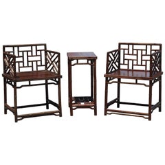 Pair of Chinese Faux Bamboo Chairs and Table Made from Rare Zhazhen Wood