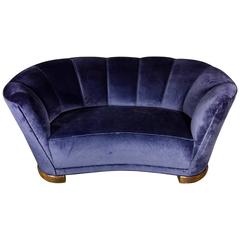 Danish Art Deco Curved Sofa, 1930s, Updated Navy Velvet Upholstery