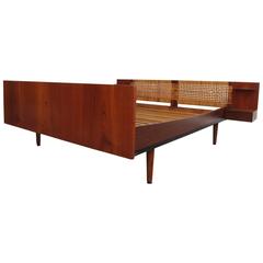 Hans Wegner GETAMA Teak and Caned Queen Bed with Attached Night Tables