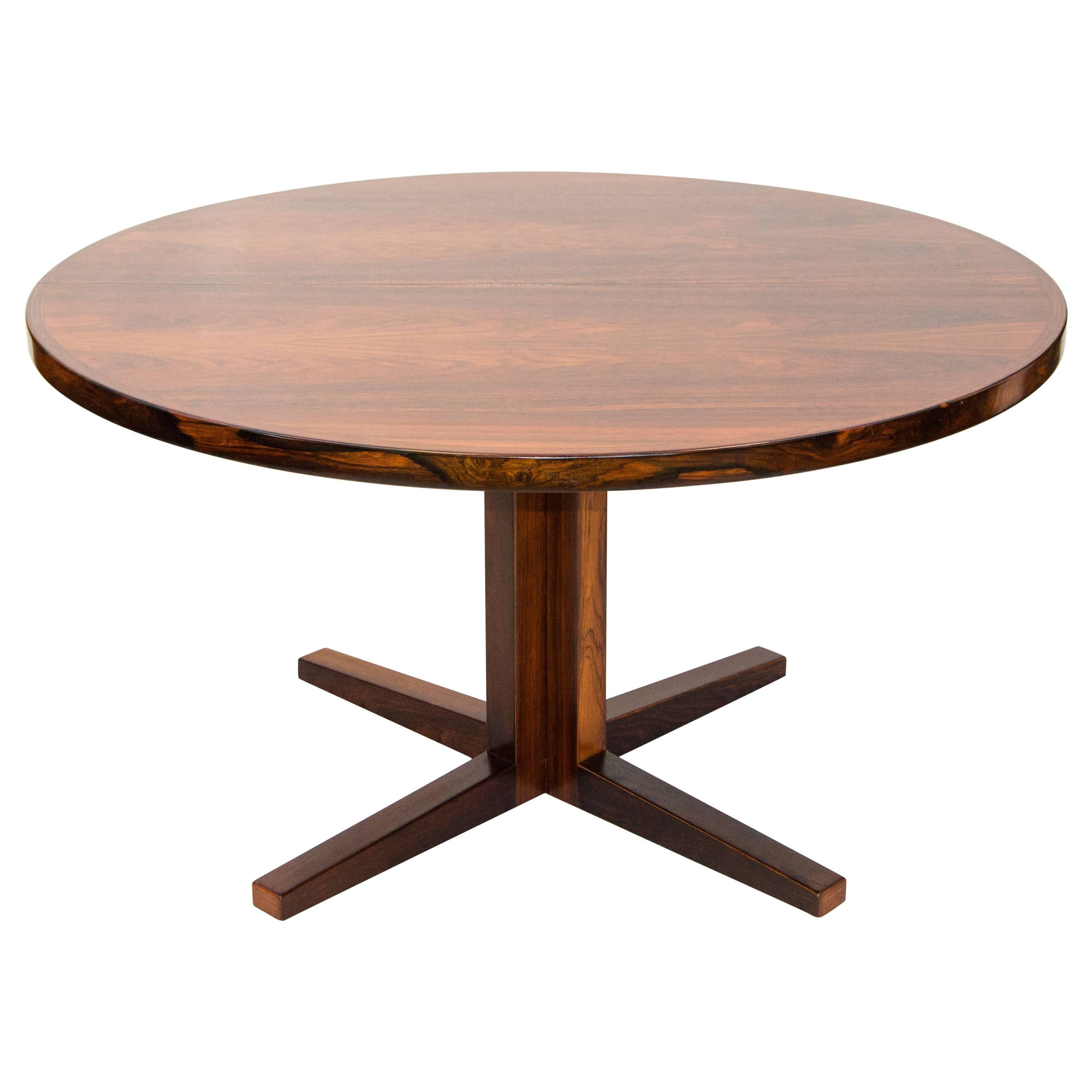 Danish Rosewood Round Pedestal Dining Table, One Leaf