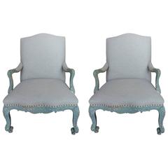 Pair of Aqua Painted French Rococo Style Fauteuils