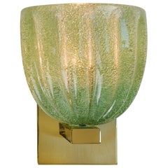 Italian jade green Ribbed Cup Wall Light, Hand-Blown Pulegoso Glass, Brass Base