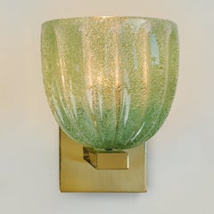 Italian jade green Ribbed Cup Wall Light, Hand-Blown Pulegoso Glass, Brass Base