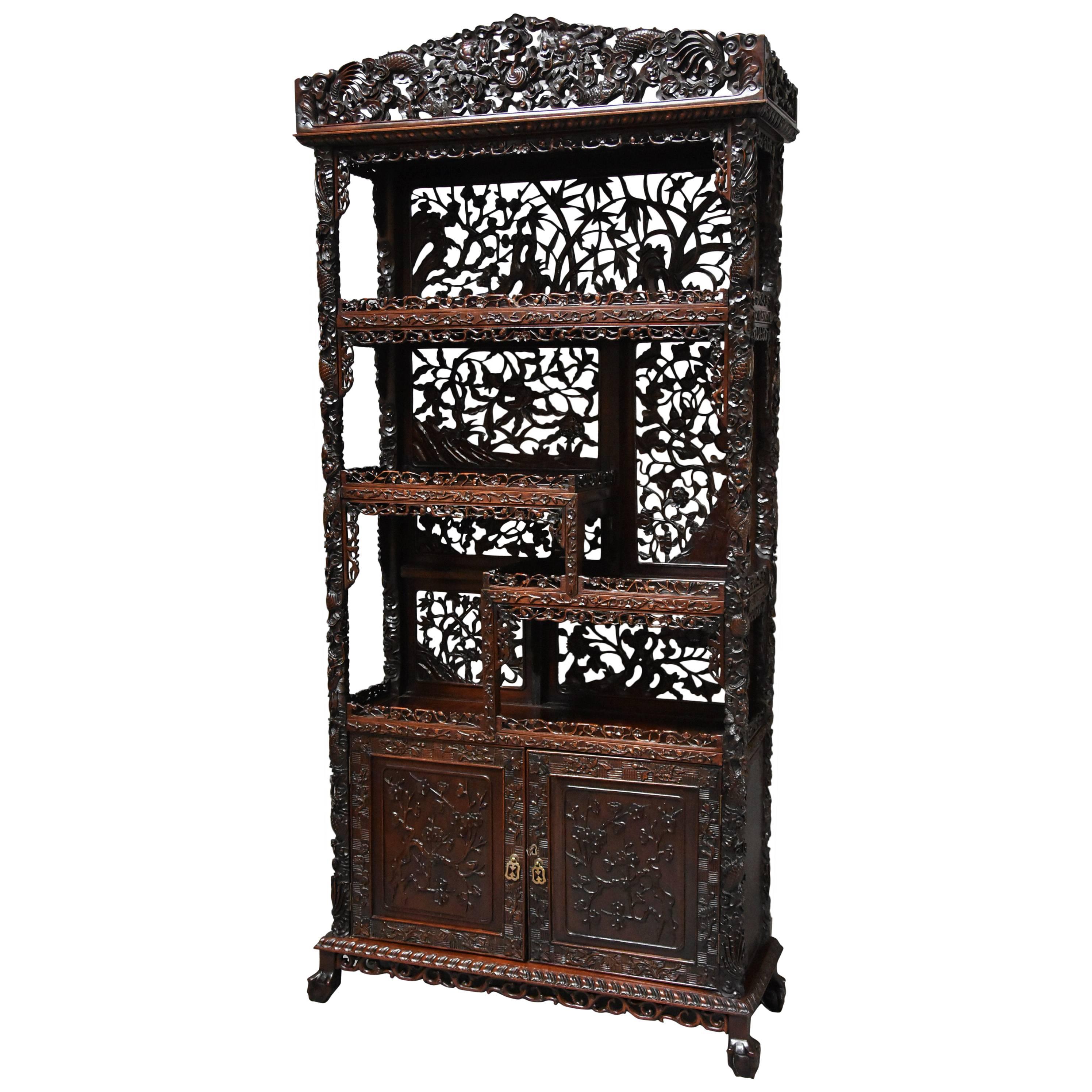 Superb Quality 19th Century Chinese Profusely Carved Padouk Display Cabinet