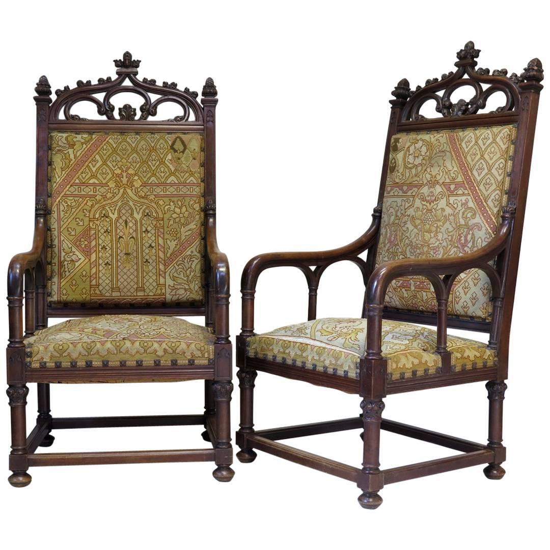 Large Pair of Gothic Style Armchairs, France, 19th Century