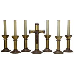 Set of Six Large Brass Candleholders and a Crucifix, France, Early 20th Century 3
