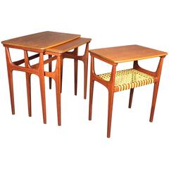 Three Teak Nesting Tables, Woven Cane, Heltborg Møbler, Denmark, 1960s