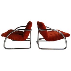 Pair of Italian Modernist Chrome and Orange Velvet Button Tuft Lounge Chairs