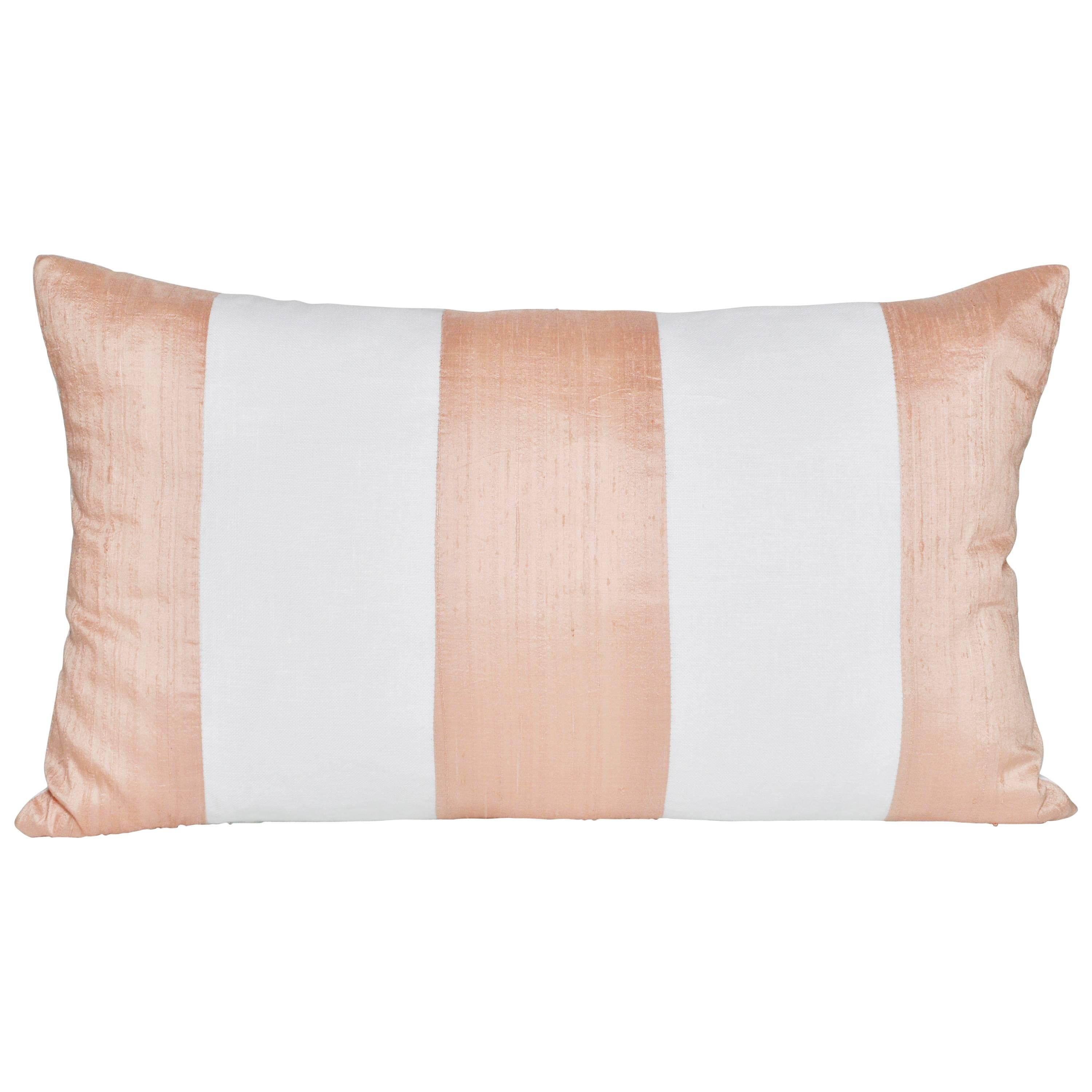 French Antique Pink Peach Silk and Irish Linen Geometric Stripy Cushion Pillow For Sale