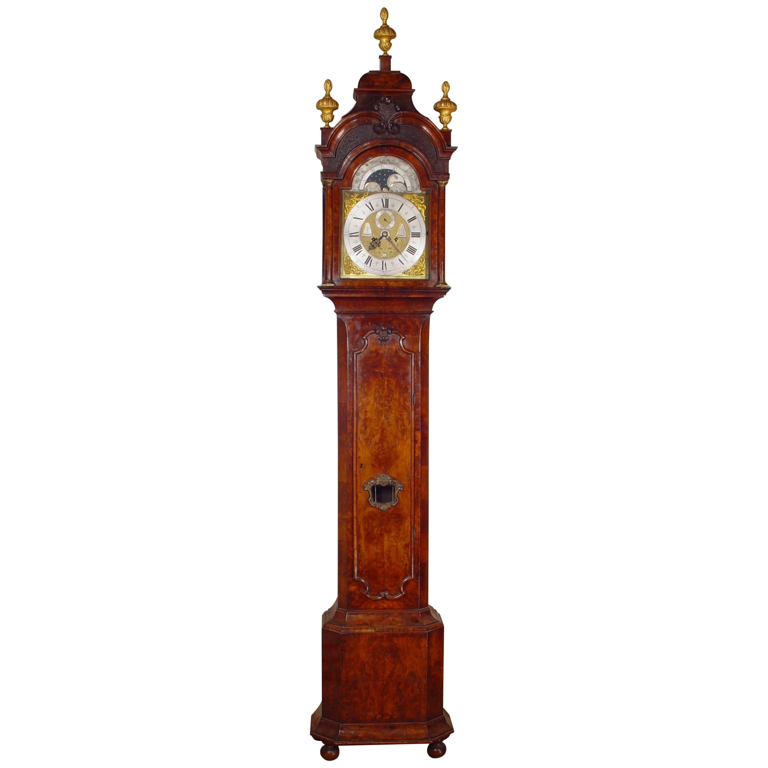 Dutch Burr Walnut Striking Long Case Clock Adriaan De Baghijn Amsterdam For Sale
