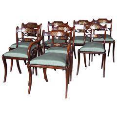 Set of Eight Regency Simulated Rosewood and Brass Inlaid Dining Chairs