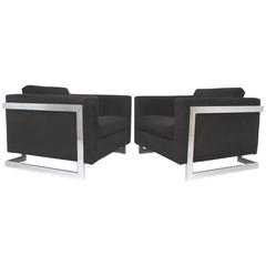 Pair of Cantilevered Chrome Lounge Cube Chairs in the Style of Milo Baughman