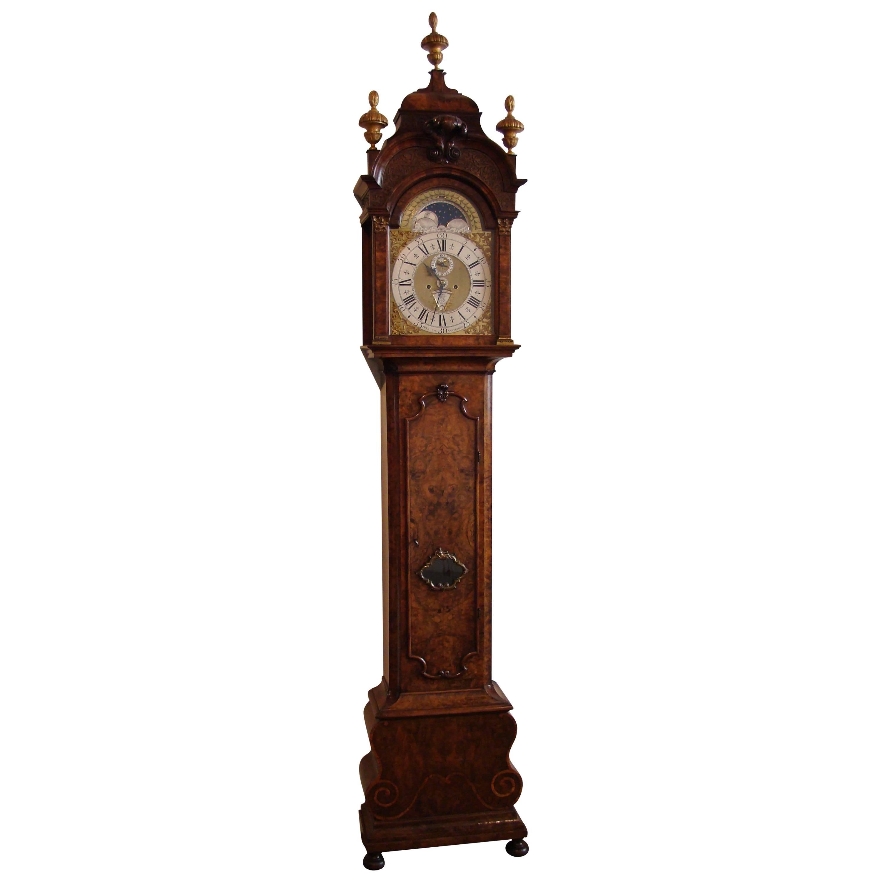 Fine Dutch Burr Walnut Striking Longcase Clock J P Kroese, Amsterdam, circa 1730 For Sale