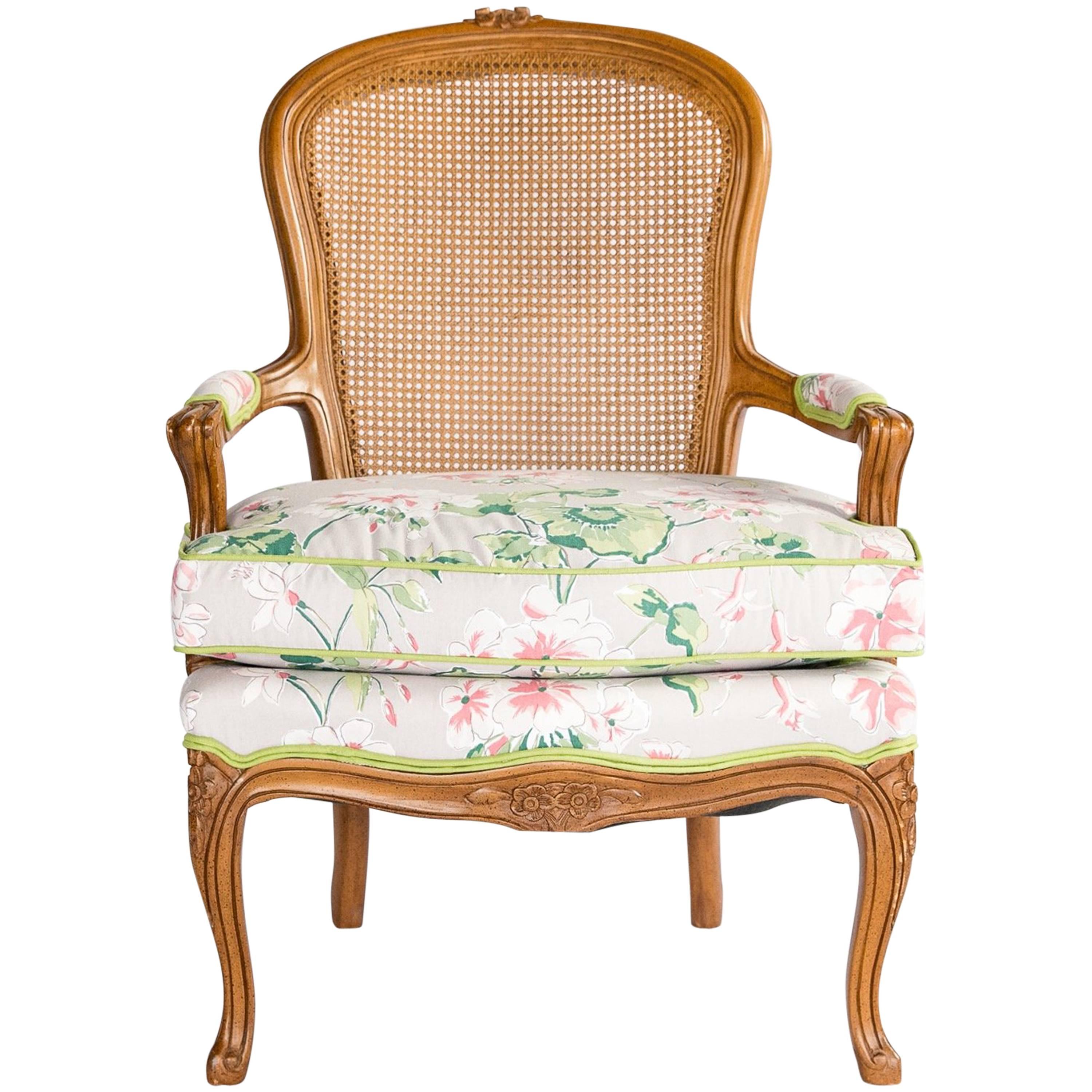Bergere Chair with Floral Upholstery, 1960s For Sale