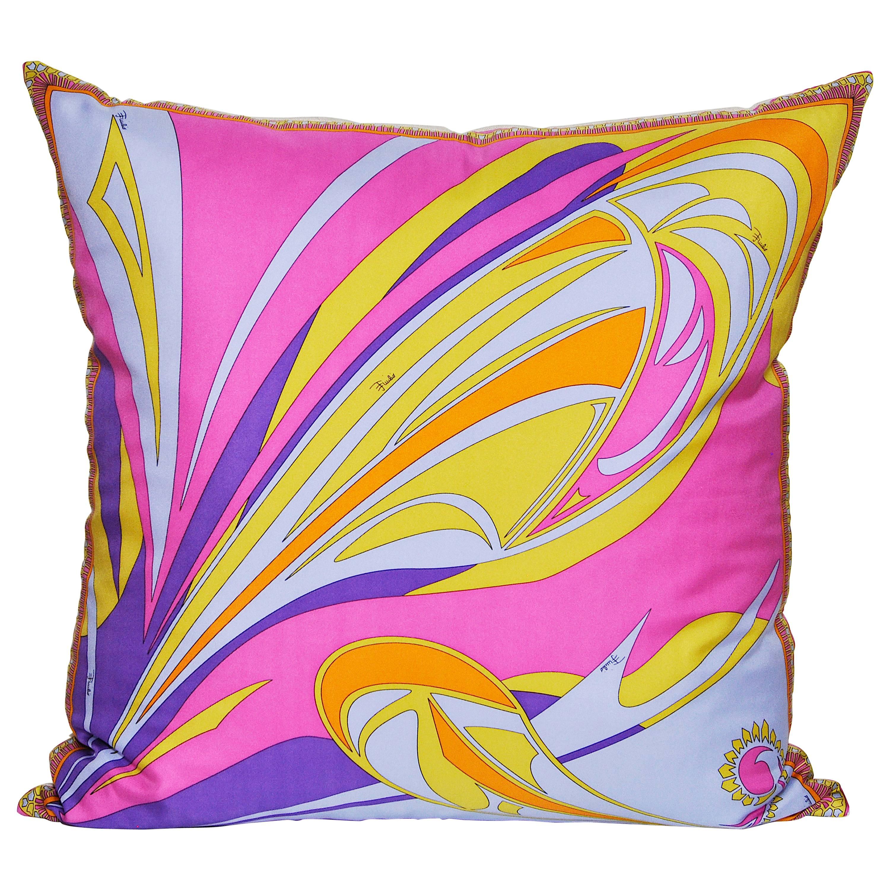 Large Pucci Silk Scarf Cushion Purple Pink Blue Yellow Pillow with Irish Linen