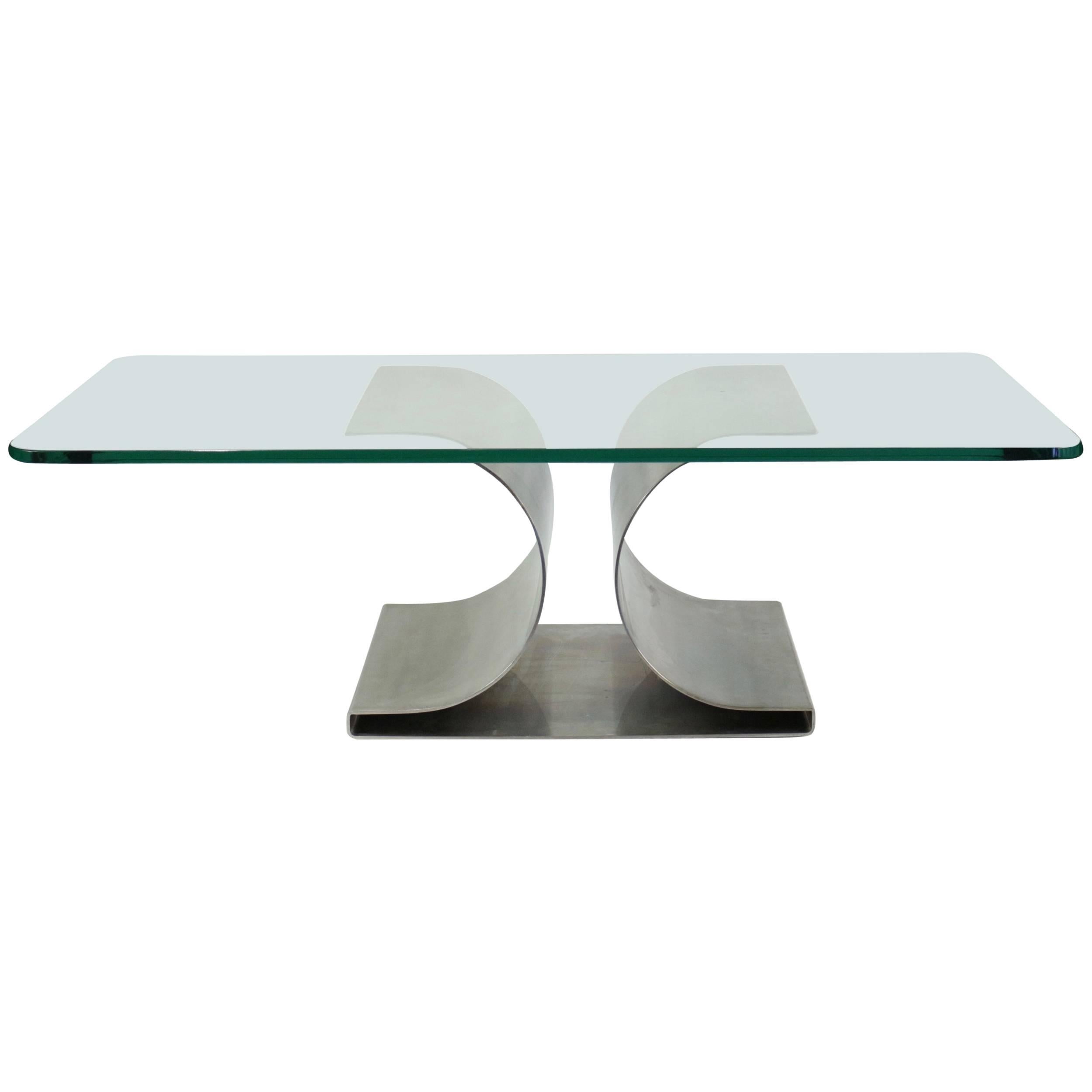 Michel Boyer Iconic Coffee Table in Brushed Steel Base and Thick Glass Top For Sale