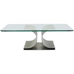 Michel Boyer Iconic Coffee Table in Brushed Steel Base and Thick Glass Top