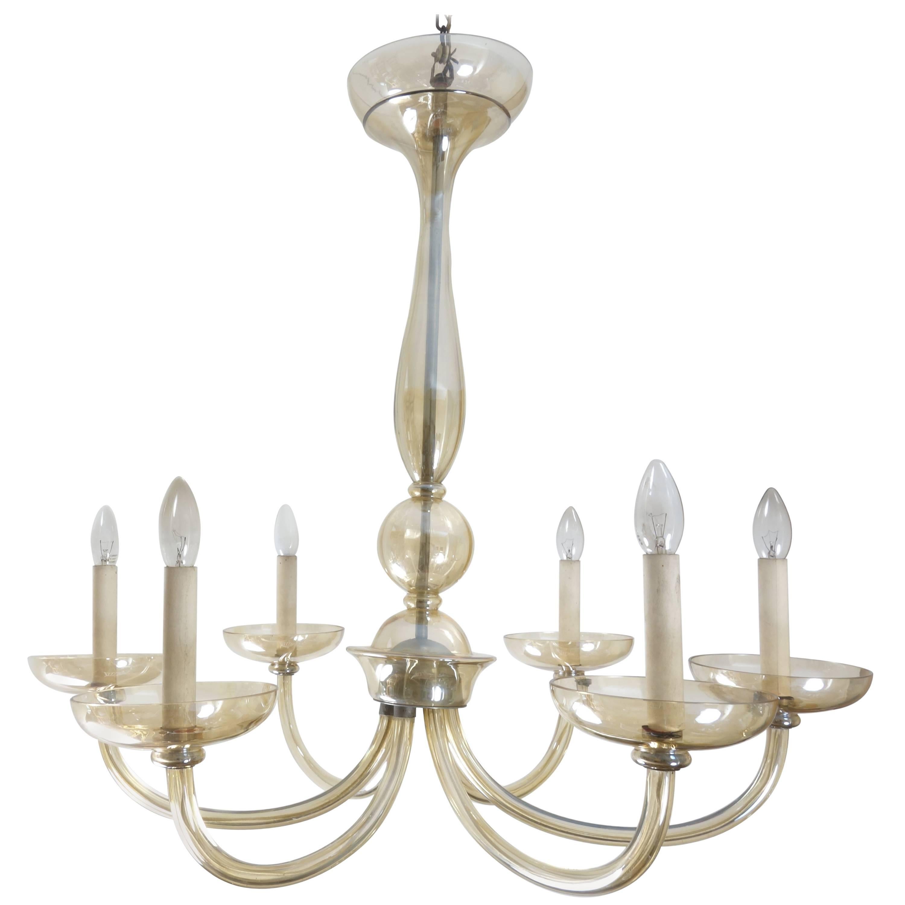 Large Six-Armed Glass Chandelier, Attributed to Lobmeyr, Translucent Amber Shade For Sale