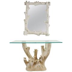Faux Bois Mirror and Console in White Wash Resin