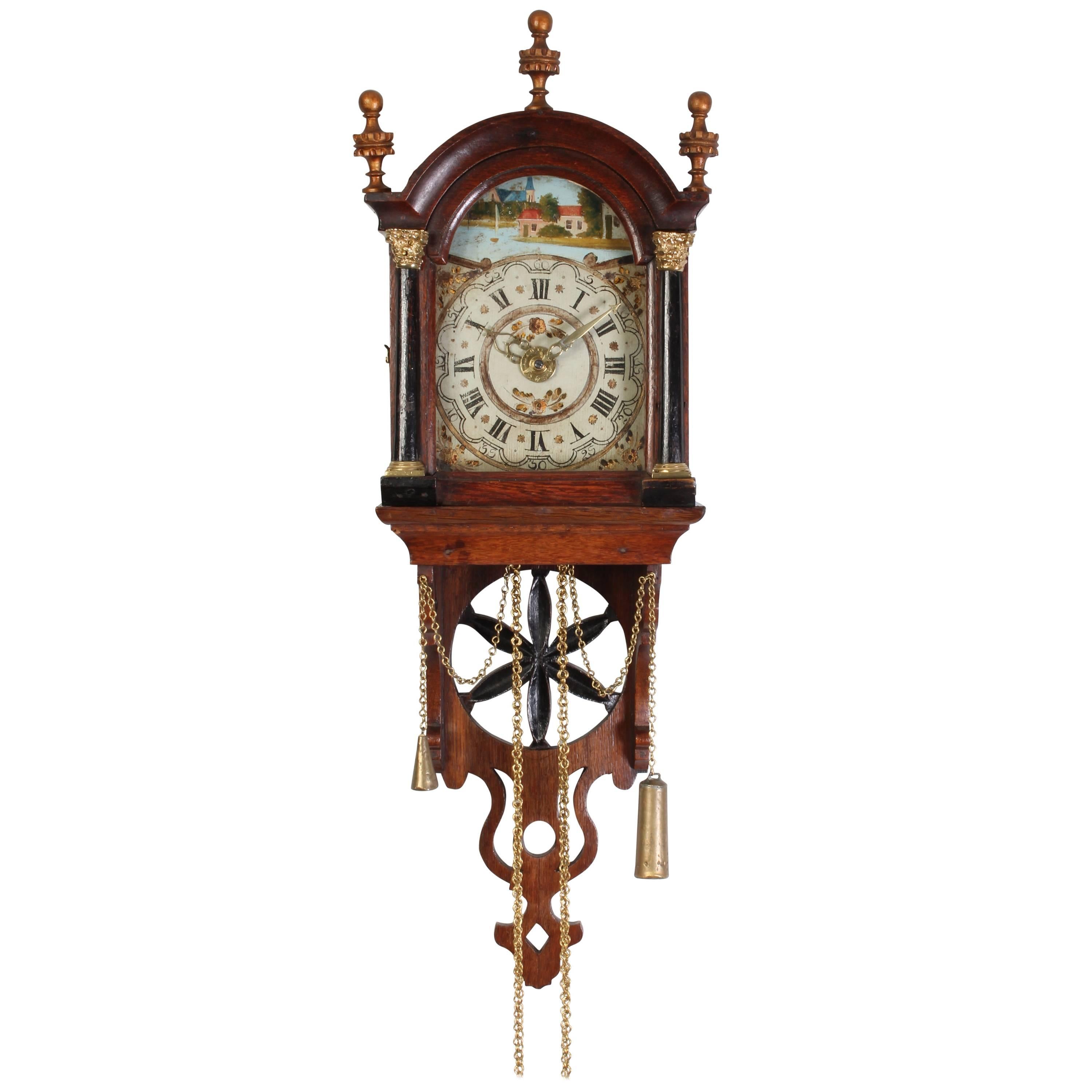 Attractive Dutch Frisian Maddered Oak Striking Alarm Clock, circa 1830 For Sale