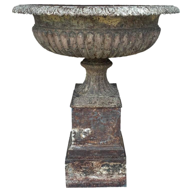Antique Iron Urn and Pedestal from an English Manor Garden, circa 1890