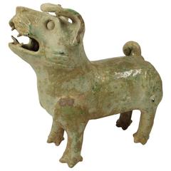 Ancient Chinese Han Dynasty Green Glazed Pottery Figure of a Barking Dog