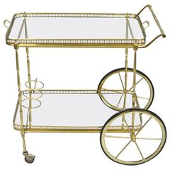 Italian Hollywood Regency Brass and Mirror Rolling Serving Bar or Tea Cart