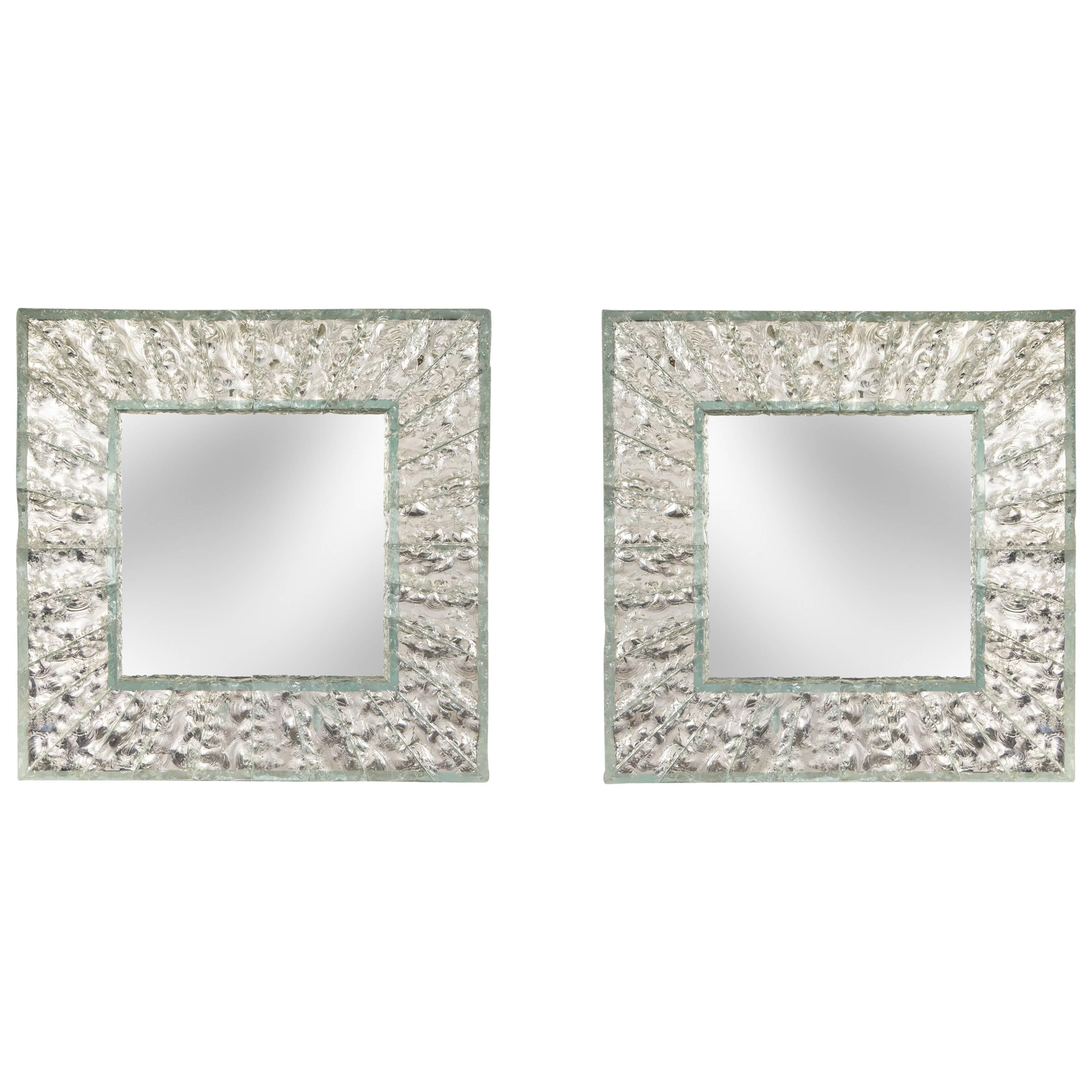Roberto Rida, Pair of Large Martelé Colorless Glass Mirrors