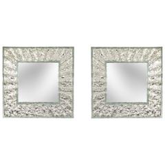 Roberto Rida, Pair of Large Martelé Colorless Glass Mirrors