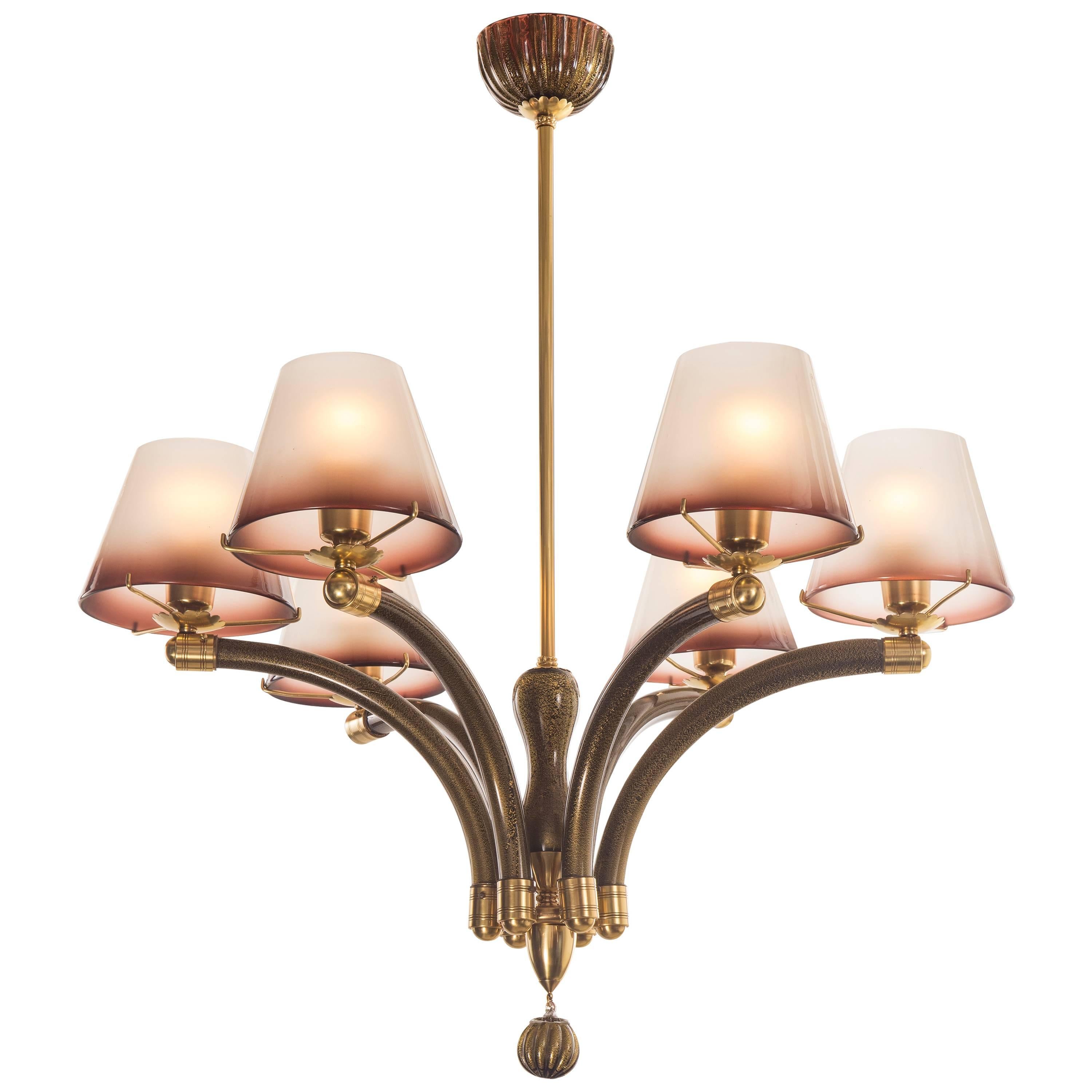 Fratelli Toso, Rare Murano Glass and Brass Six Arm Chandelier For Sale