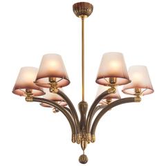 Fratelli Toso, Rare Murano Glass and Brass Six Arm Chandelier