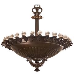 Just Andersen Attributed, Danish Glass and Patinated Bronze Chandelier