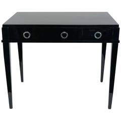 Elegant 1940s Desk with Matching Chair, Black Lacquered Wood, Silvered Bronze