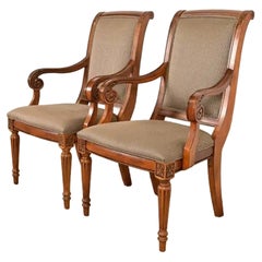 French Regency Louis XVI Cherry Wood Upholstered Armchairs, Pair