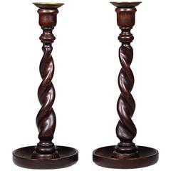 Pair of 19th Century Antique English Oak Barley Twist Candlesticks