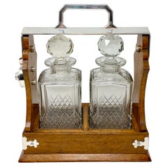 Antique English Silver-Plate Mounted Golden Oak and Crystal Tantalus, Circa 1900